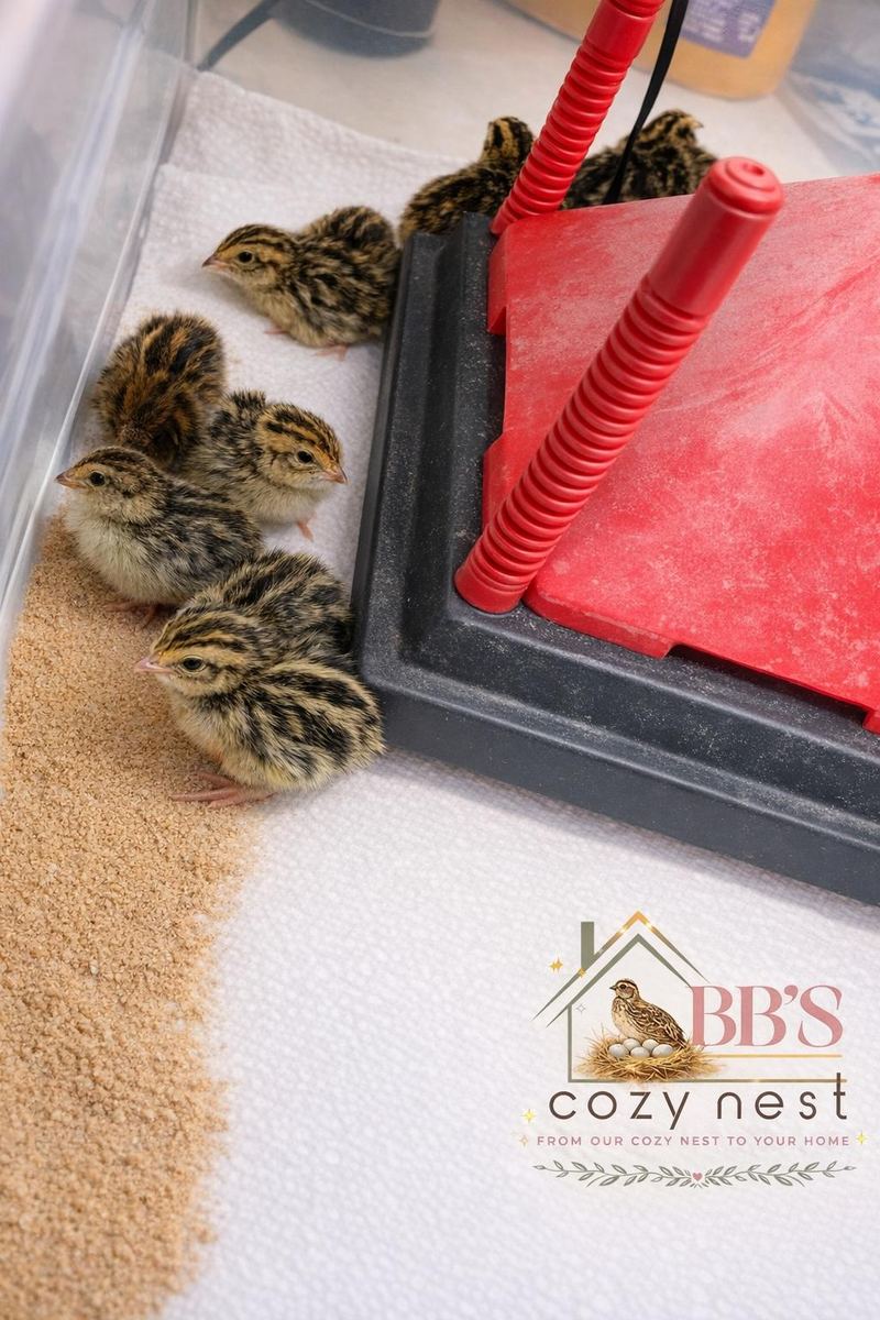 Newly hatched quail chicks under a brooder plate