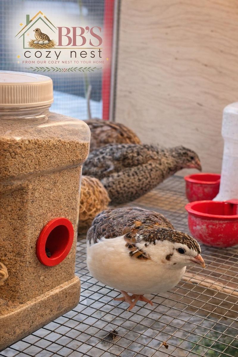 Quail at the feeder and waterer